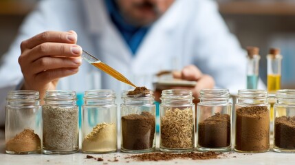 Researcher Examining Soil Samples with Pipette in Glass Jars on Laboratory Table for Scientific Analysis
