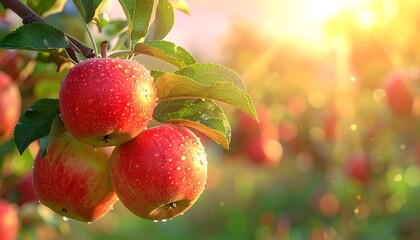 Obraz premium Ripe Red Apples on a Branch with Water Droplets in Golden Sunlight.
