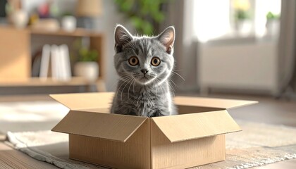 Adorable gray tabby kitten peeks out from a cardboard box, indoors