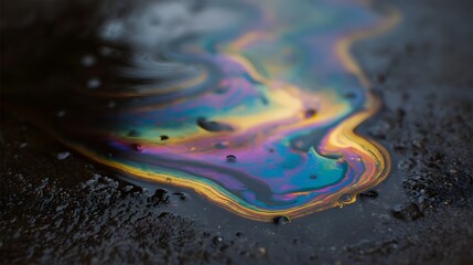 Abstract iridescent oil slick creates a vibrant rainbow spectrum of colors on a dark wet asphalt surface