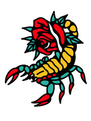 Edgy Traditional Old School Scorpion Rose Tattoo Illustration