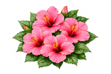 Pink hibiscus flowers blooming with green leaves, tropical floral design, summer botanical element, transparent background