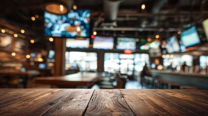 Obraz premium Empty Wooden Counter in Bright Bar Interior with Blurred Background and TV Screens Showing Sports Events