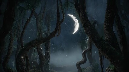 Enchanting night forest with crescent moon and mushrooms - Powered by Adobe