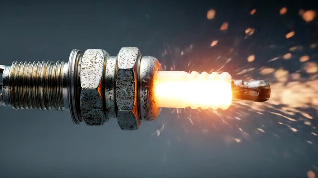 Close-up shot of a sparking spark plug with bright orange flames 