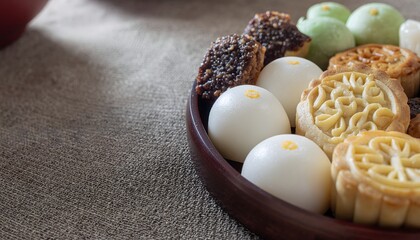 Assortment of traditional Asian pastries and desserts, including mooncakes, mochi, and sweet cakes in a wooden bowl.