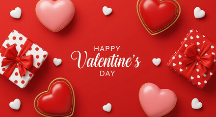 Happy valentines day vector banner background. Valentines day greeting card with typography and elements like gifts, red heart shapes and jewelries in red background . Vector illustration