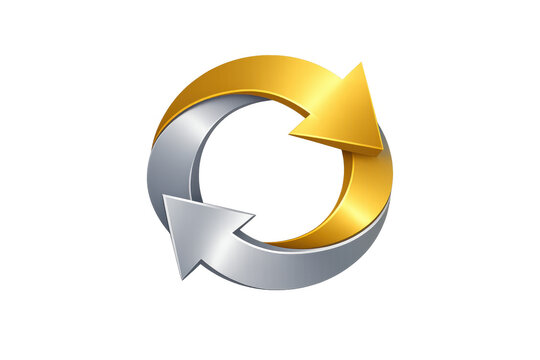 Golden and silver arrows forming a circular refresh symbol, representing cycle, update, and progress with metallic sheen