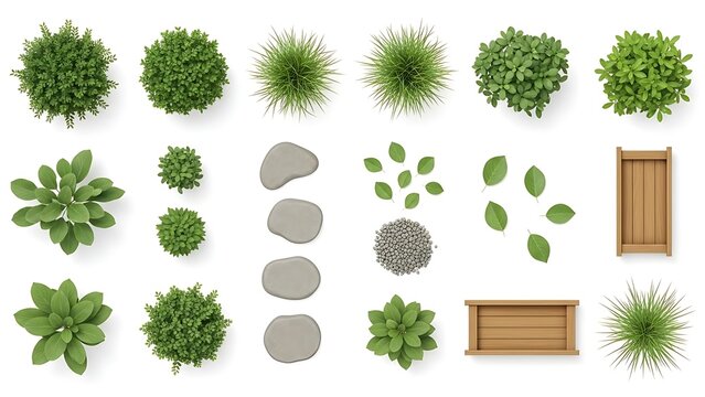 Top view landscape garden plants paving stones wood fence