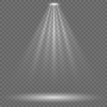 White spotlight beam with stage light effect on transparent background, Realistic bright stadium projector light with rays and floor glow, Vector transparency light effect with volumetric fog and floo