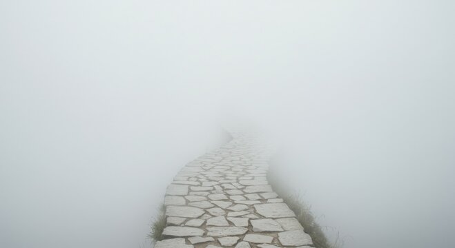 Stone Path Vanishing into Dense White Fog