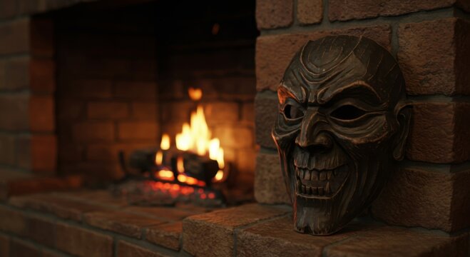 Dark Brown Wooden Mask Near Burning Fireplace