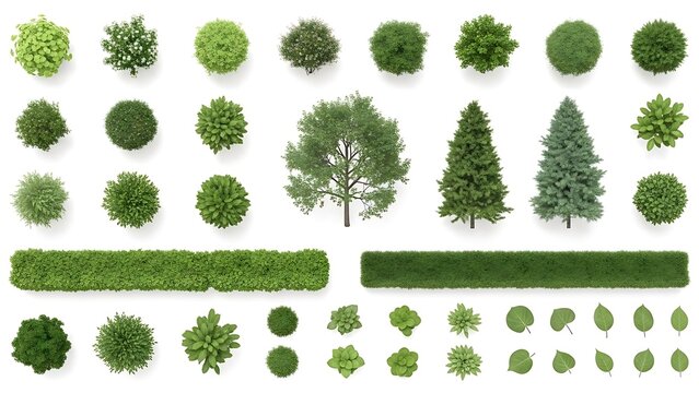 Garden landscape collection with various green plants