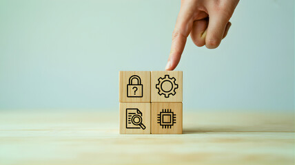 Strategic Digital Transformation and Cybersecurity Management Concept with Hand Interacting with Interconnected Business, Technology, Security, and Data Analysis Icons on Wooden Blocks