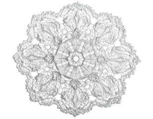A delicate white, lacy doily, resembling a stylized flower. Its intricate pattern and textures creates a visual focal point, on a dark background