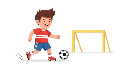 Child athlete practicing soccer near yellow frames