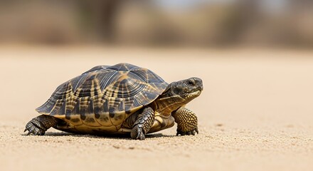 Obraz premium Radiated Tortoise on Sandy Terrain - A Close-Up View.