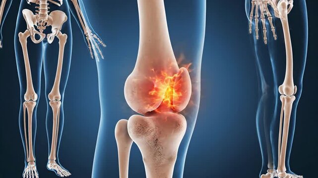Medical illustration of human knee joint and skeletal structure