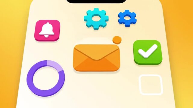 Close-up of smartphone screen displaying various app icons on a yellow background with a flat design style.