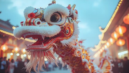 Vibrant Chinese Dragon Dance Head with White Fur and Gold Details, Festive Parade Celebration