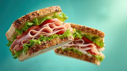 Two fresh turkey sandwiches with lettuce and tomatoes floating in mid-air against a teal blue background