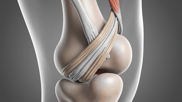 Medical illustration of human knee joint showing muscles and ligaments