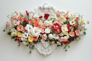 Ornate white frame overflows with a vibrant arrangement of pastel and deep-hued blossoms against a clean background