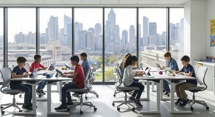 Fototapeta premium Students working in a modern classroom with city view.
