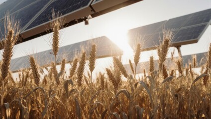 Golden wheat field under solar panels, sustainable agriculture concept.