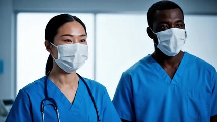 Medical professionals wearing masks standing together in hospital corridor
