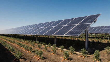 Expansive Solar Panel Farm Under a Clear Blue Sky.