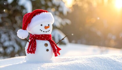 Obraz premium Adorable snowman in a Santa hat, scarf, and snowy landscape with sunlight