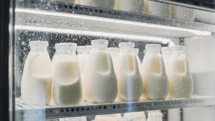 Fresh Milk Bottles in Refrigerator Display Case.