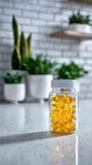 Clear bottle of golden omega-3 fish oil softgel capsules on a modern kitchen counter with indoor plants