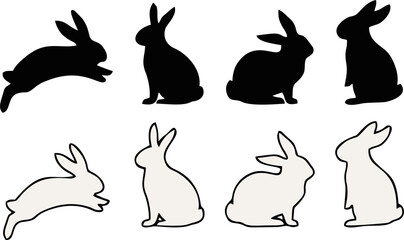 Cute Easter Bunny Rabbit Silhouette And Outline Set