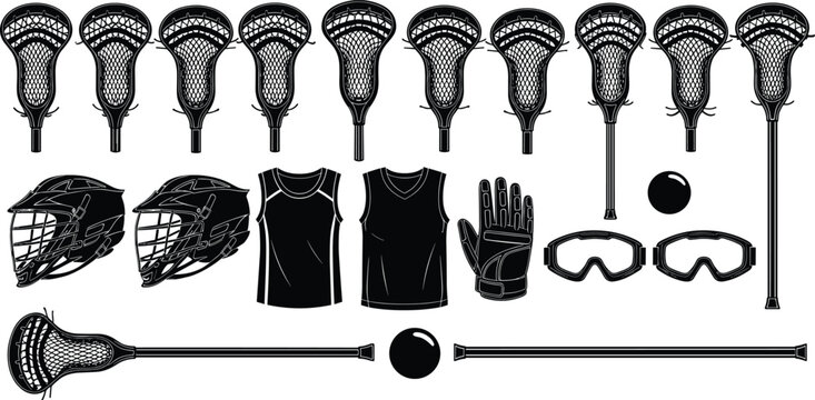 Set of lacrosse equipment icons including sticks, helmets, jerseys, gloves, goggles, and balls, isolated black vector illustrations for sports design.