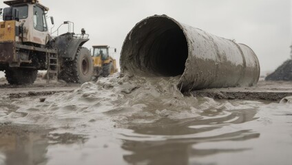 Industrial discharge polluting water source with heavy machinery in background.