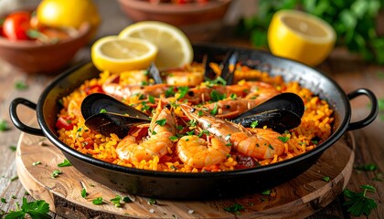Delicious Seafood Paella in a Traditional Pan with Lemon Slices.