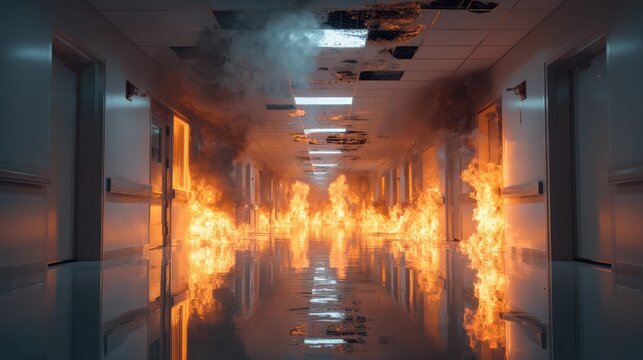Intense fire and thick smoke engulfing a hospital hallway during a catastrophic disaster