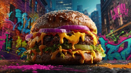 Naklejka premium Juicy Gourmet Cheeseburger with Melted Cheese and Red Onion Rings on a Vibrant Urban Graffiti Street Background