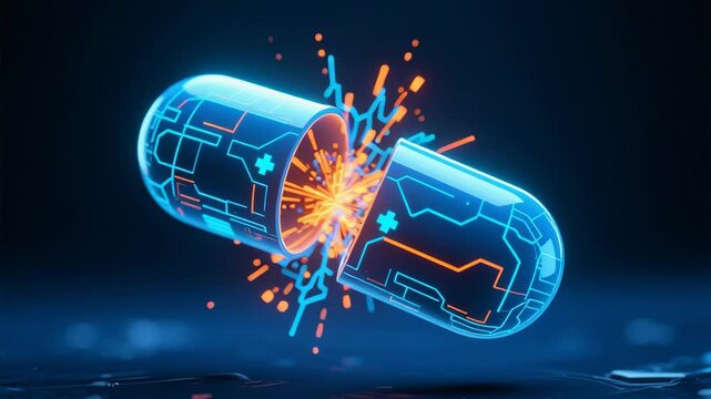 Physical therapy. Futuristic digital capsule breaking open with glowing circuits symbolizing advanced technology medicine treatment rehabilitation exercise balance fall prevention healthcare