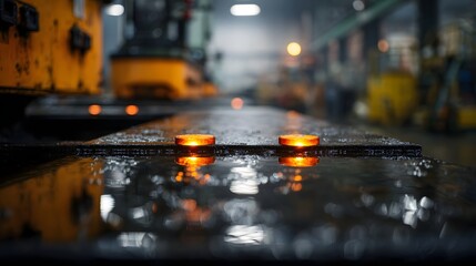 Two glowing orange metal parts on a wet industrial surface