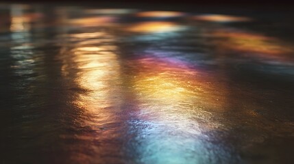 Abstract colorful light reflections create a vibrant shimmering wet surface with subtle ripples and patterns