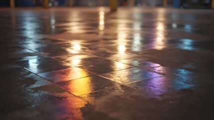 Vibrant colorful light reflections create an abstract shimmering pattern on a wet tiled industrial floor surface