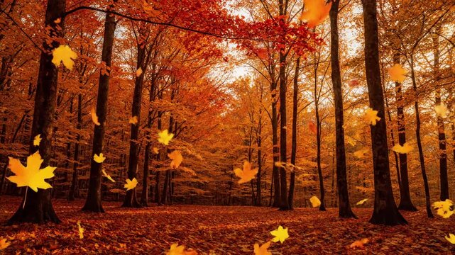 Golden Swirl Dynamic shot focusing on a gust of wind sweeping through a cluster of trees, causing a vibrant vortex or swirl of red, orange, and yellow leaves