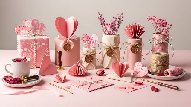 Celebratory scene with gift, flowers, and stationery on a table with a soft pink background