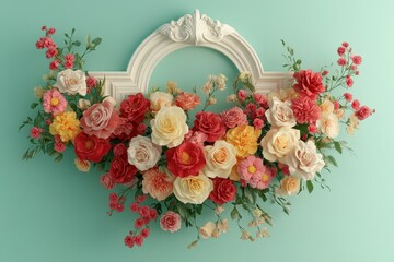 Ornate white architectural element features a vibrant arrangement of multicolored blossoms against a soft pastel background