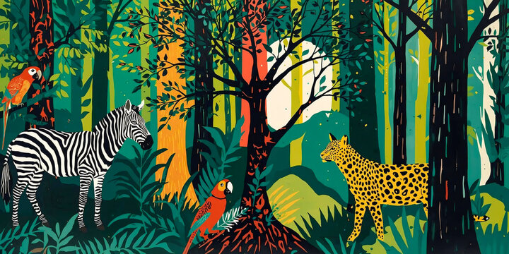 Colorful Abstract Jungle Illustration Featuring Zebra And Leopard With Tropical Elements