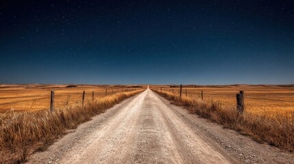 Straight dirt road leading into the distance under a starry night sky in rural countryside landscape