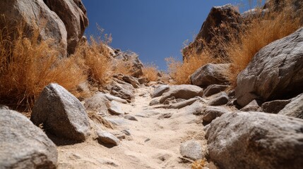 Low-angle view of a rocky sandy trail through large boulders in a desert landscape under a clear blue sky